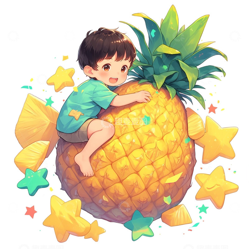 高清大图下载【趣麦麦图】趴在黄色菠萝上的儿童