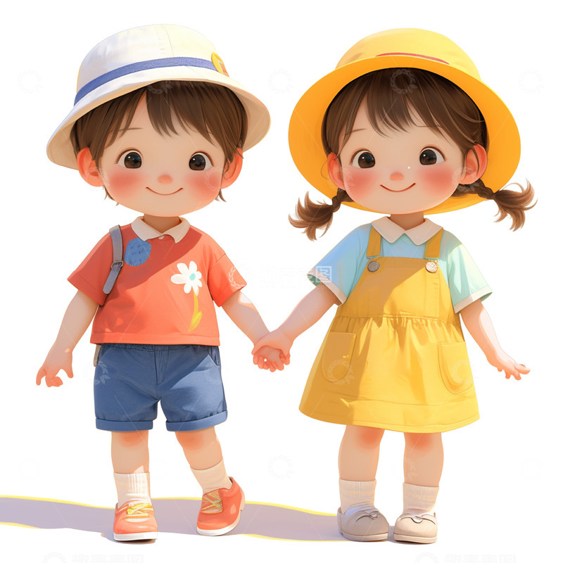 高清大图下载【趣麦麦图】儿童节两个戴帽子的小孩