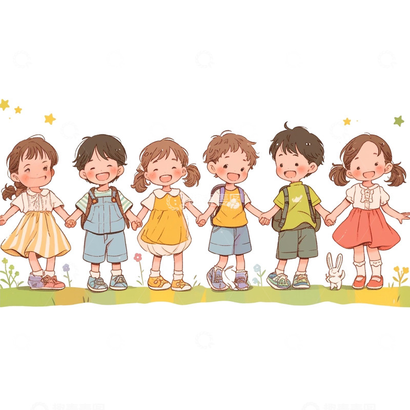 高清大图下载【趣麦麦图】卡通草坪上手拉手玩耍的小朋友