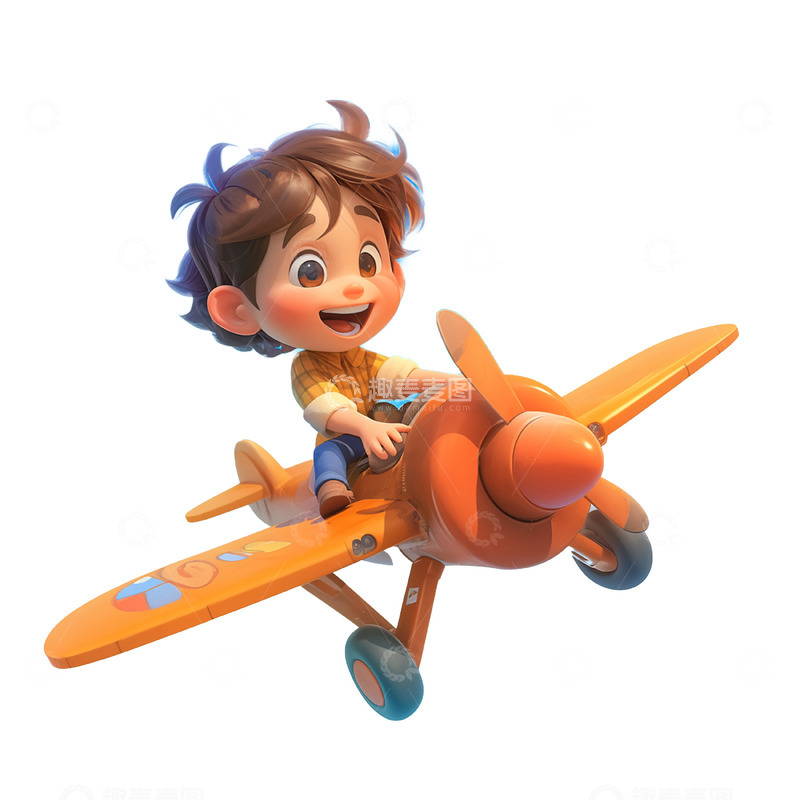 高清大图下载【趣麦麦图】坐在玩具飞机上的男孩