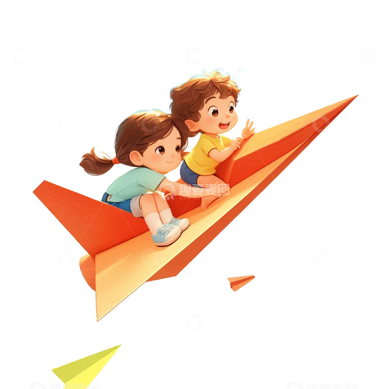 高清大图下载【趣麦麦图】儿童节纸飞机上的两个儿童