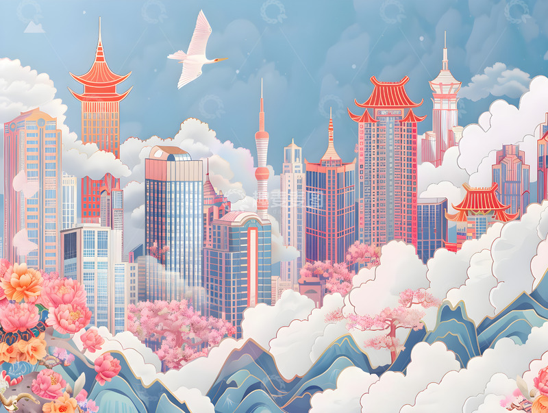 高清大图下载【趣麦麦图】中心摩天大楼国风城市景观