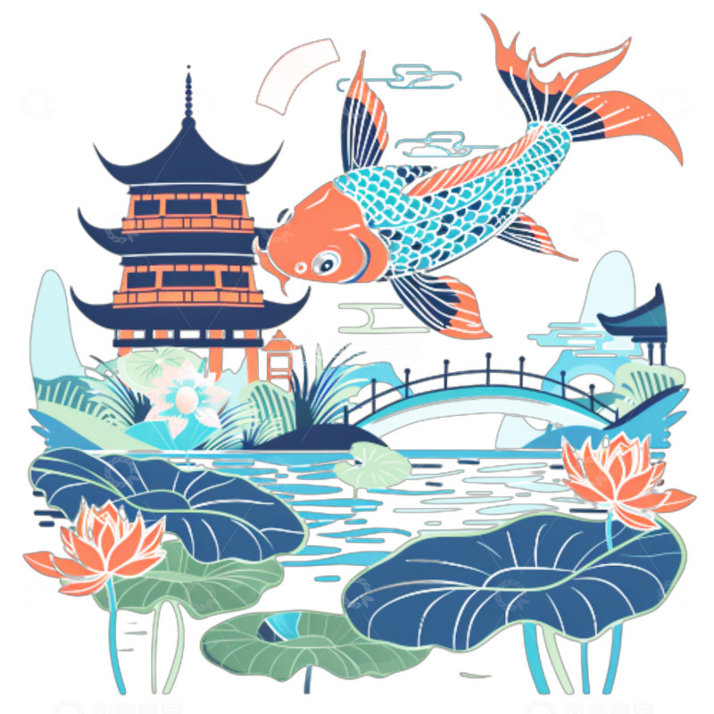 高清大图下载【趣麦麦图】卡通鲤鱼跃龙门