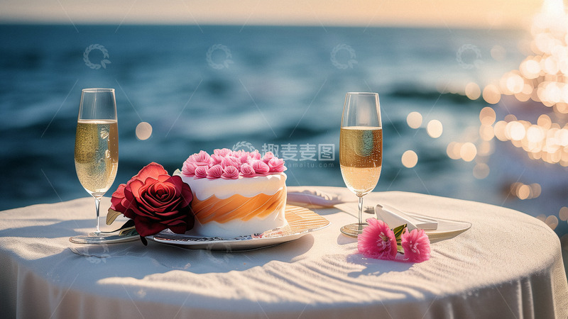 高清大图下载【趣麦麦图】香槟鲜花蛋糕约会