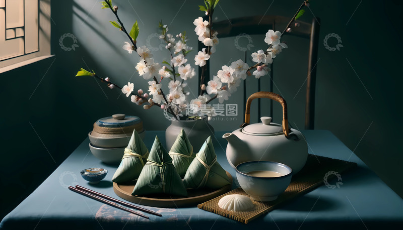 高清大图下载【趣麦麦图】桃花端午粽子AI摄影图