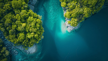 绿洲俯视河湾河水场景风景