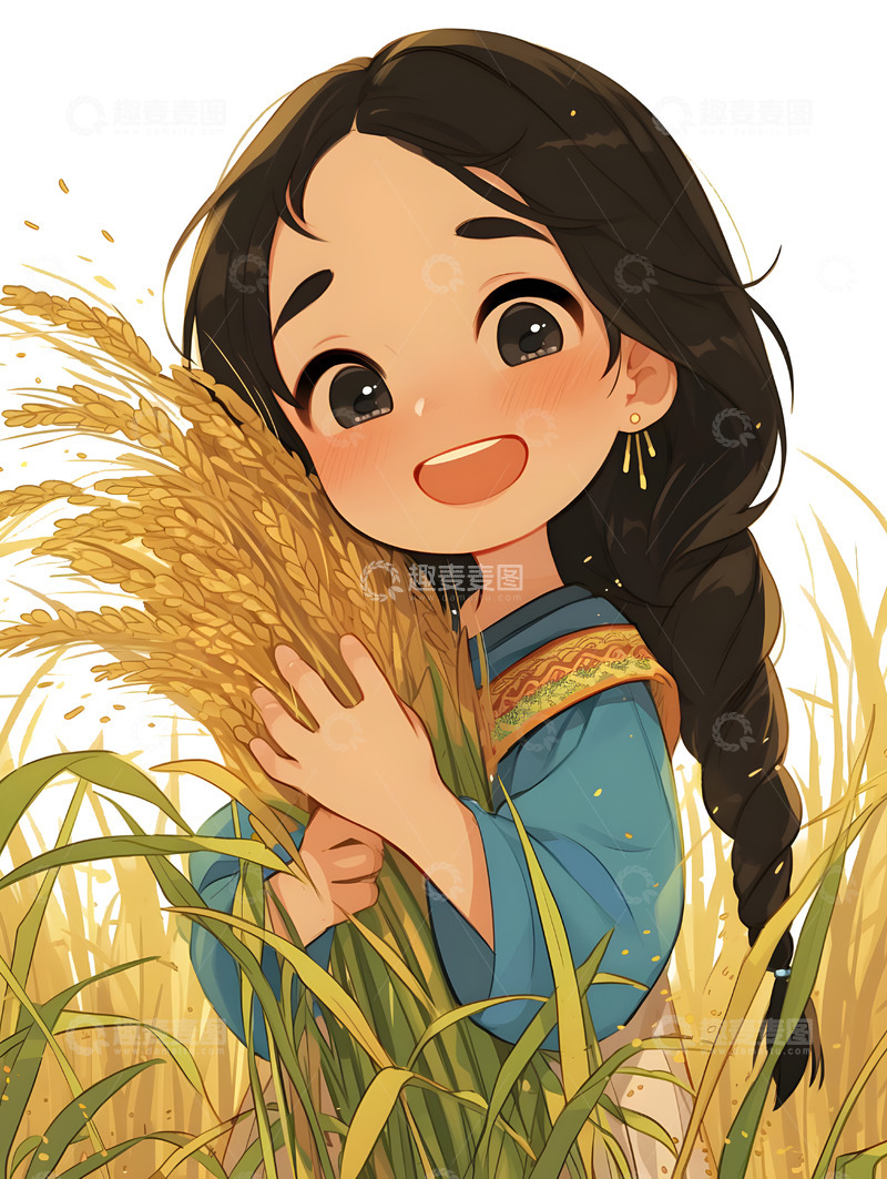 高清大图下载【趣麦麦图】抱着水稻的女孩插画元素