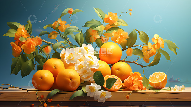 高清大图下载【趣麦麦图】橘子橙子植物水果鲜花静物场景