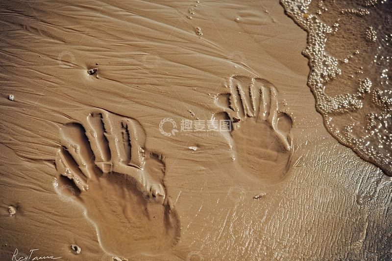 高清大图下载【趣麦麦图】海边沙滩上的俩只手印