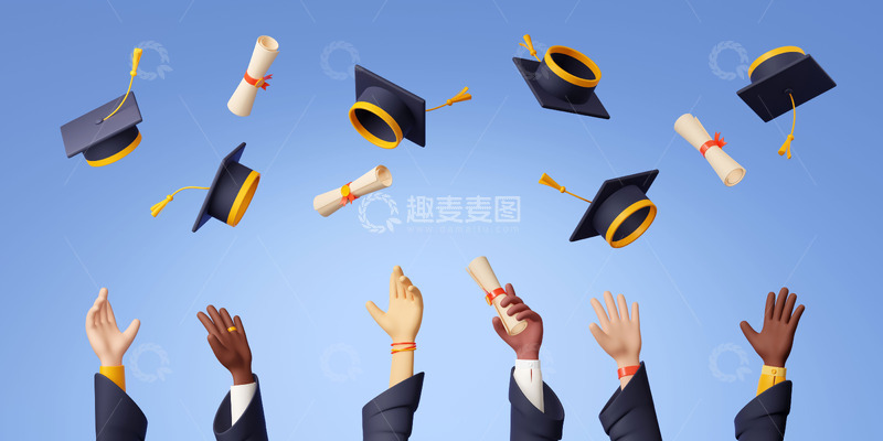 高清大图下载【趣麦麦图】毕业扔学士帽与证书的手