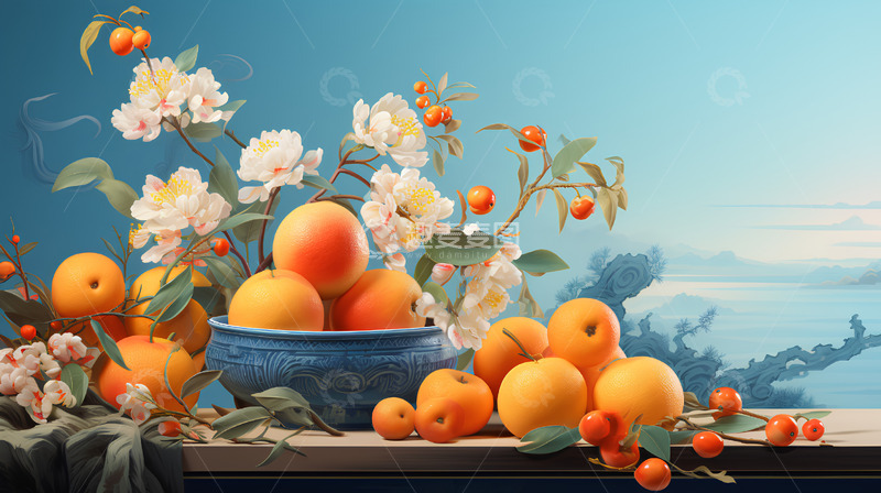 高清大图下载【趣麦麦图】橘子橙子苹果中国风鲜花植物场景