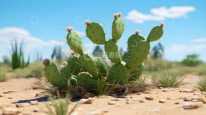 高清大图下载【趣麦麦图】仙人掌蓝天白云戈壁绿色场景