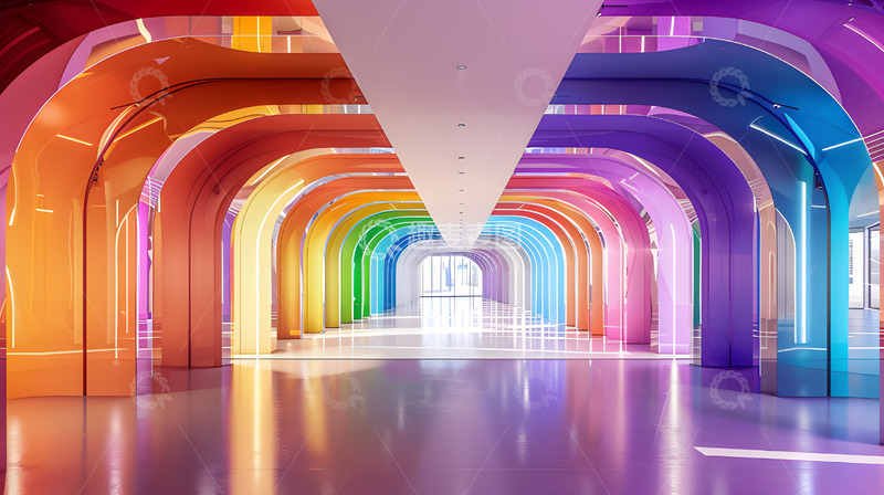 高清大图下载【趣麦麦图】建筑渐变彩色走廊唯美场景