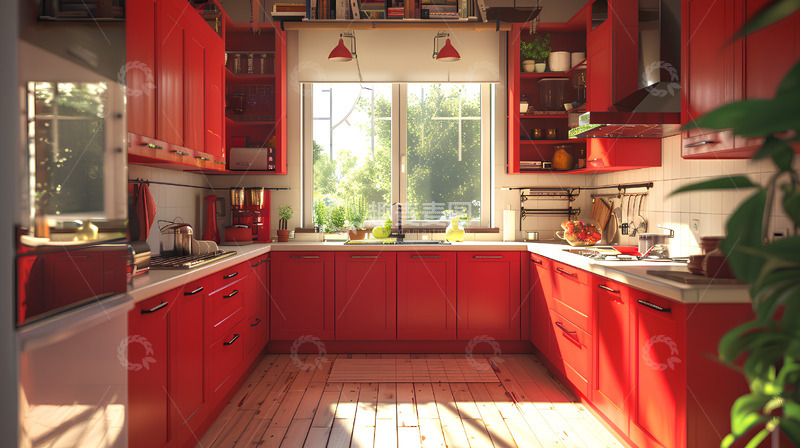 室内厨房家装红色生活场景