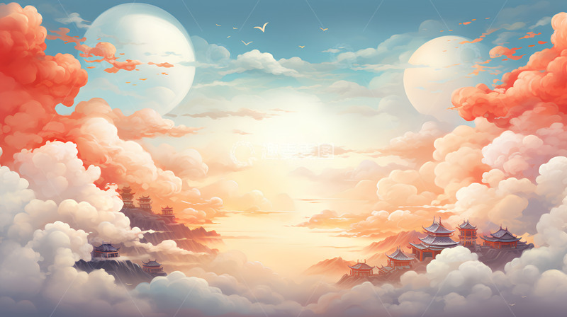 高清大图下载【趣麦麦图】中国风祥云建筑中式太阳暖色插画场景