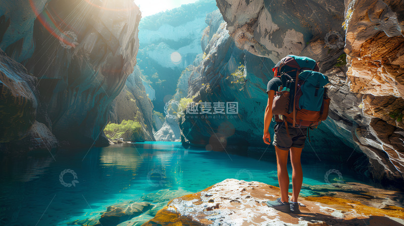 高清大图下载【趣麦麦图】山谷背包客水面旅行风景场景