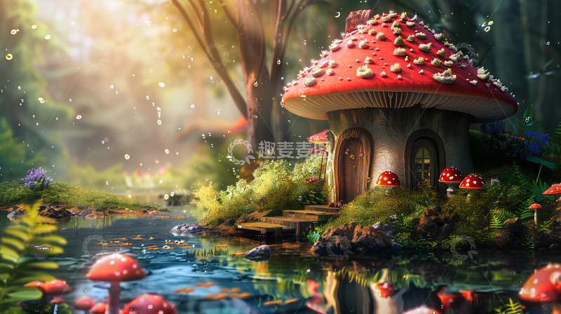 高清大图下载【趣麦麦图】蘑菇屋梦幻唯美植物河流场景