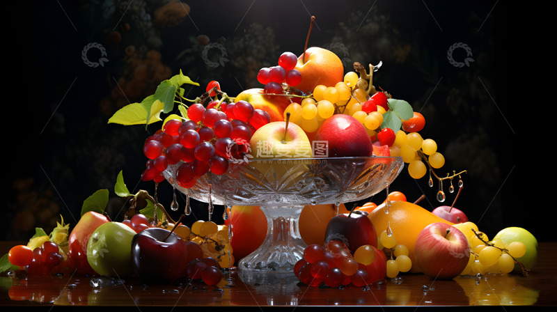 高清大图下载【趣麦麦图】水果果盘葡萄苹果玻璃盘子静物场景