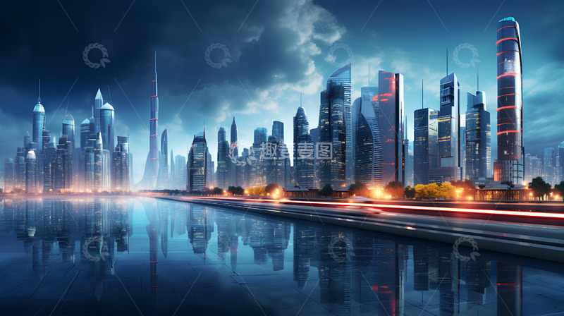 高清大图下载【趣麦麦图】城市倒影科技商务蓝色场景