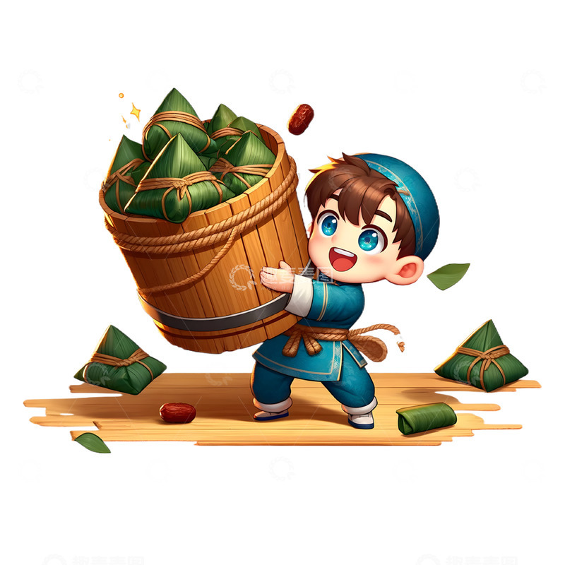 高清大图下载【趣麦麦图】手抱着一桶粽子的男孩卡通素材