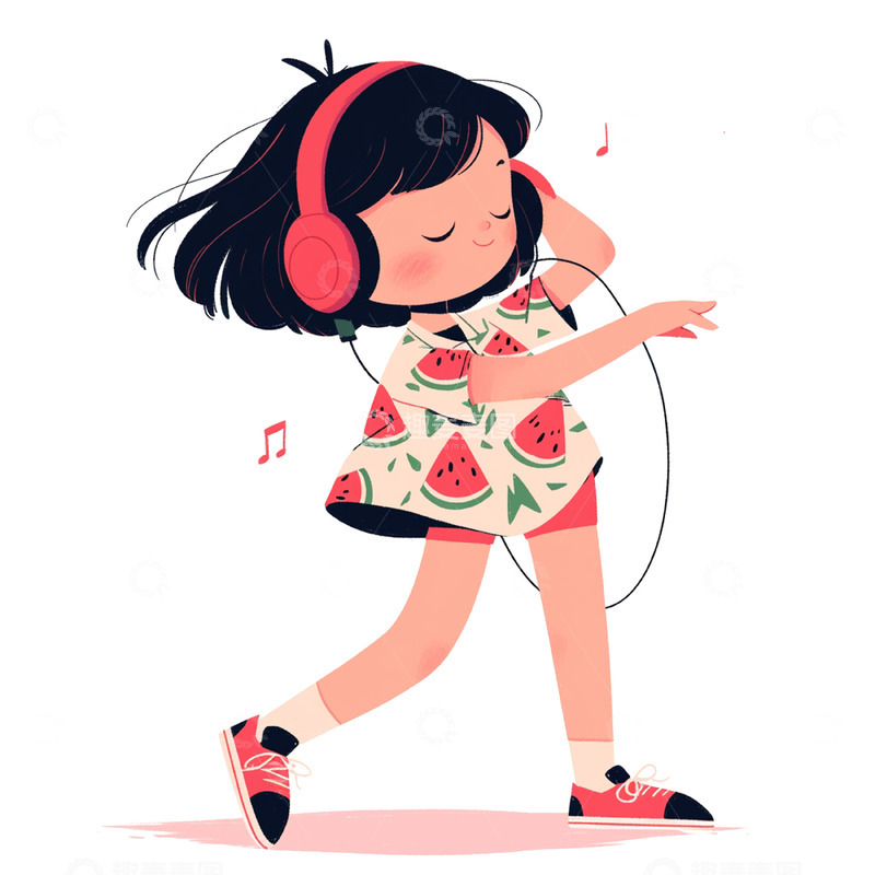 高清大图下载【趣麦麦图】儿童节带着粉色耳机的女孩