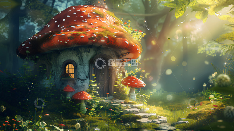 高清大图下载【趣麦麦图】蘑菇屋植物阳光唯美梦幻场景