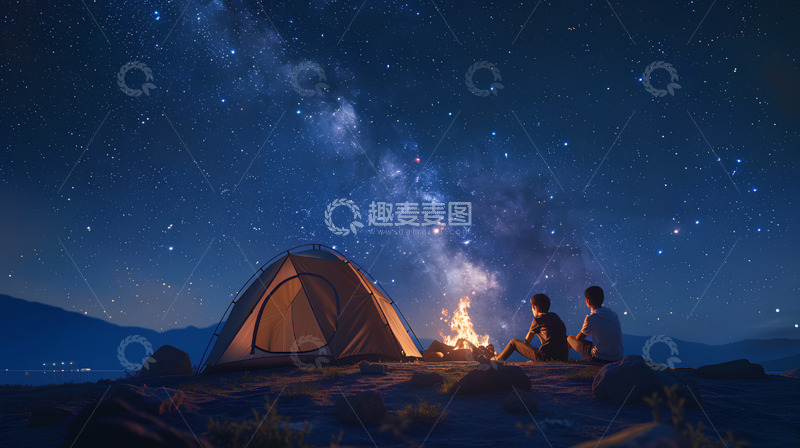 高清大图下载【趣麦麦图】星空篝火帐篷蓝色夜晚场景