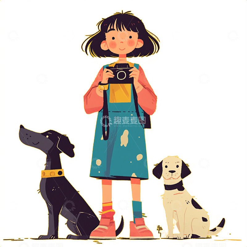 高清大图下载【趣麦麦图】拿着相机的短发女孩和小狗