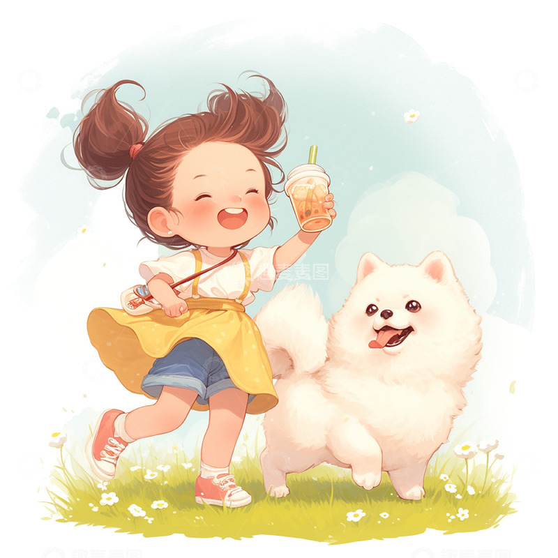 高清大图下载【趣麦麦图】草坪上快乐的女孩和他的小狗