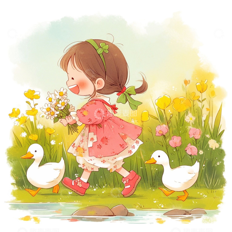 高清大图下载【趣麦麦图】河边拿着鲜花的女孩和鸭子