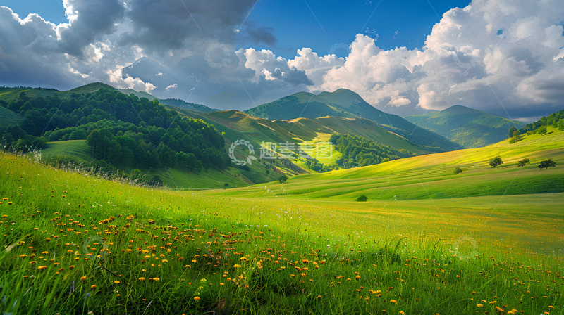高清大图下载【趣麦麦图】草原草地山峰蓝天白云场景