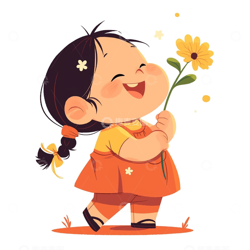 高清大图下载【趣麦麦图】一个拿着黄色花朵的可爱女孩