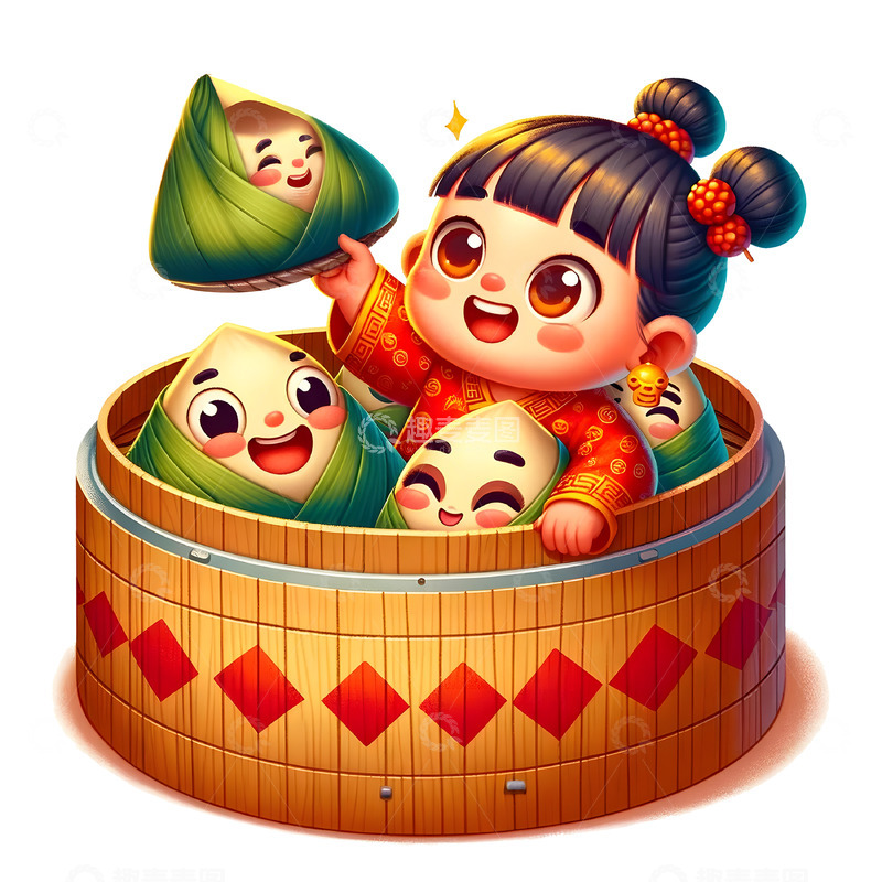 高清大图下载【趣麦麦图】可爱小女孩创意端午插画素材