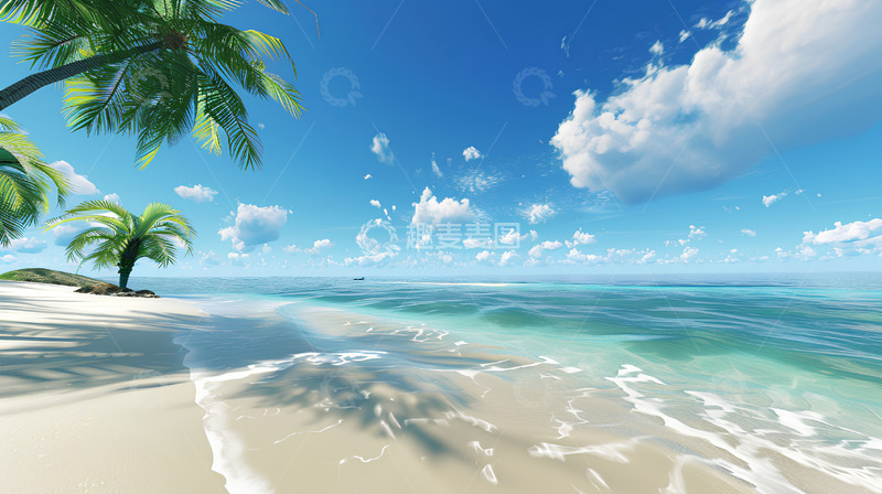 高清大图下载【趣麦麦图】海边海滩沙滩椰子树热带蓝天白云场景