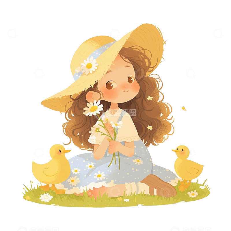高清大图下载【趣麦麦图】儿童节草坪鸭子可爱女孩