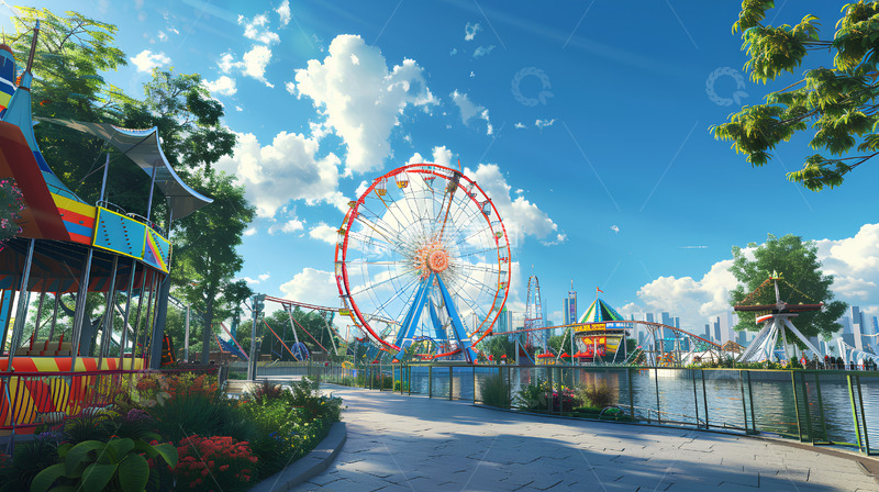 高清大图下载【趣麦麦图】游乐园蓝天白云摩天轮唯美场景