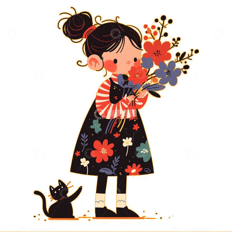 高清大图下载【趣麦麦图】抱着花束的女孩和猫咪