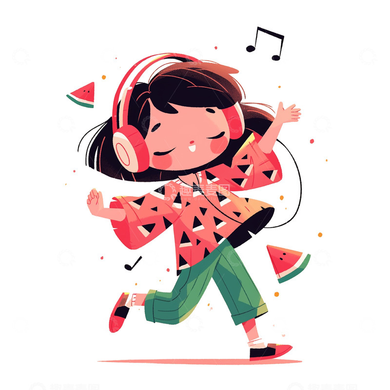 高清大图下载【趣麦麦图】带耳机唱歌的卡通女孩