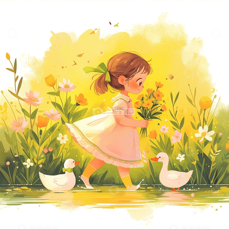 高清大图下载【趣麦麦图】儿童节鲜花女孩鸭子