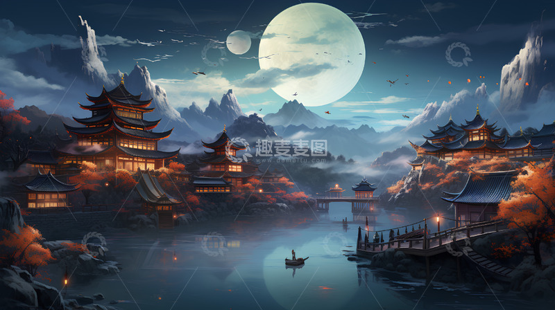 高清大图下载【趣麦麦图】月亮夜晚中国风建筑山水场景
