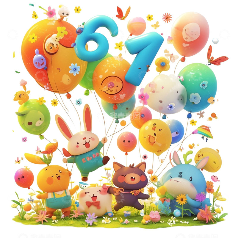 高清大图下载【趣麦麦图】草坪气球卡通动物欢乐场景