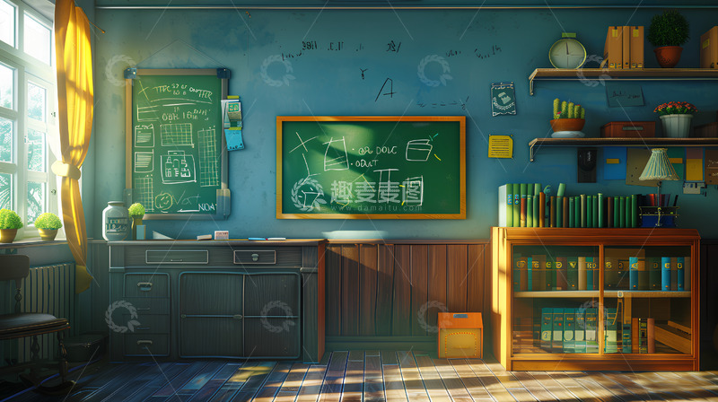 高清大图下载【趣麦麦图】黑板书架室内阳光学习场景