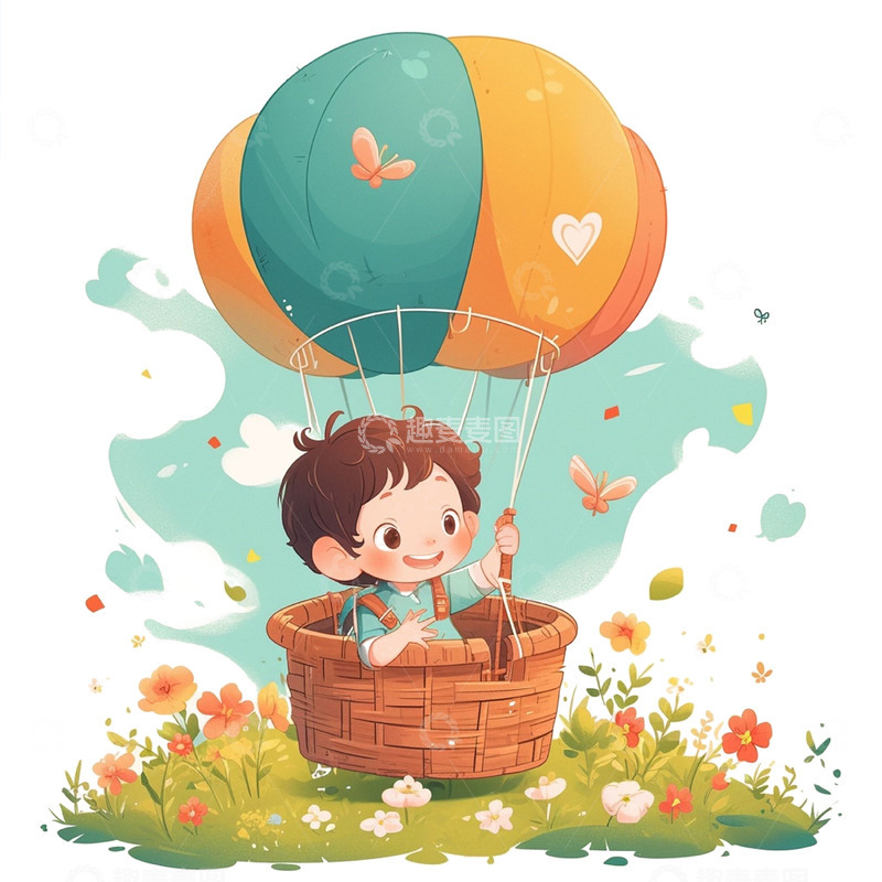 高清大图下载【趣麦麦图】儿童节草坪热气球里的男孩