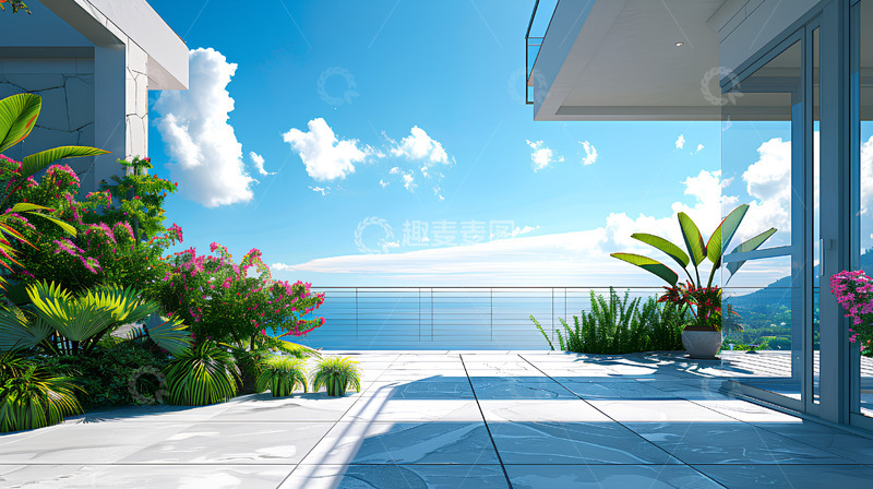 高清大图下载【趣麦麦图】蓝天白云植物海边建筑场景