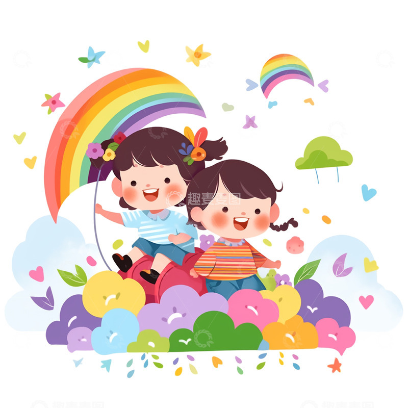 高清大图下载【趣麦麦图】卡通可爱扁平彩虹儿童人物
