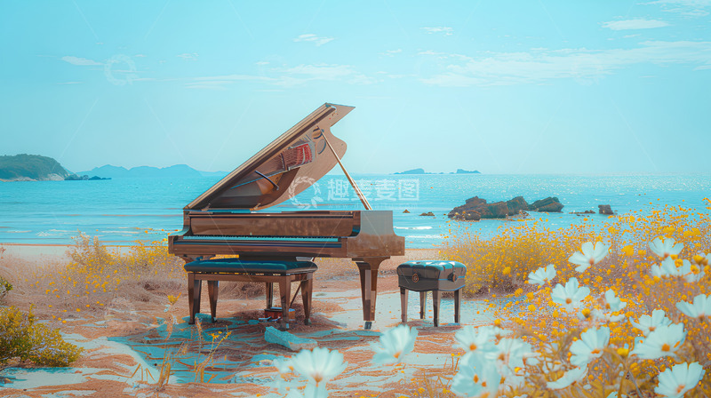 高清大图下载【趣麦麦图】钢琴海边鲜花植物唯美场景