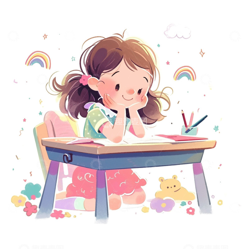 高清大图下载【趣麦麦图】儿童节卡通可爱学习女孩