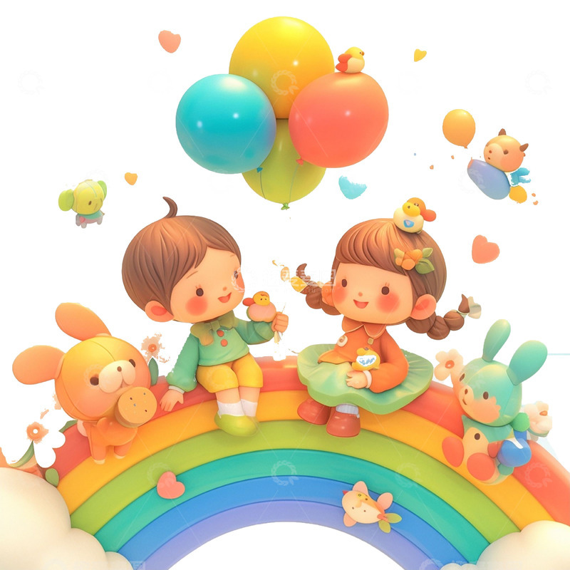 高清大图下载【趣麦麦图】儿童节彩虹上拿着气球的儿童和玩具
