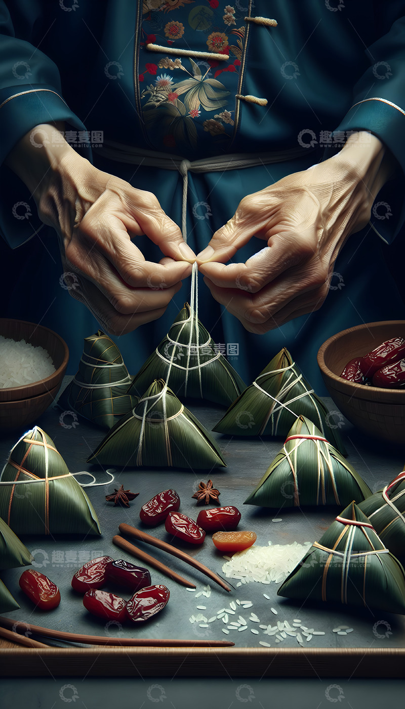 高清大图下载【趣麦麦图】包粽子的场影AI摄影图