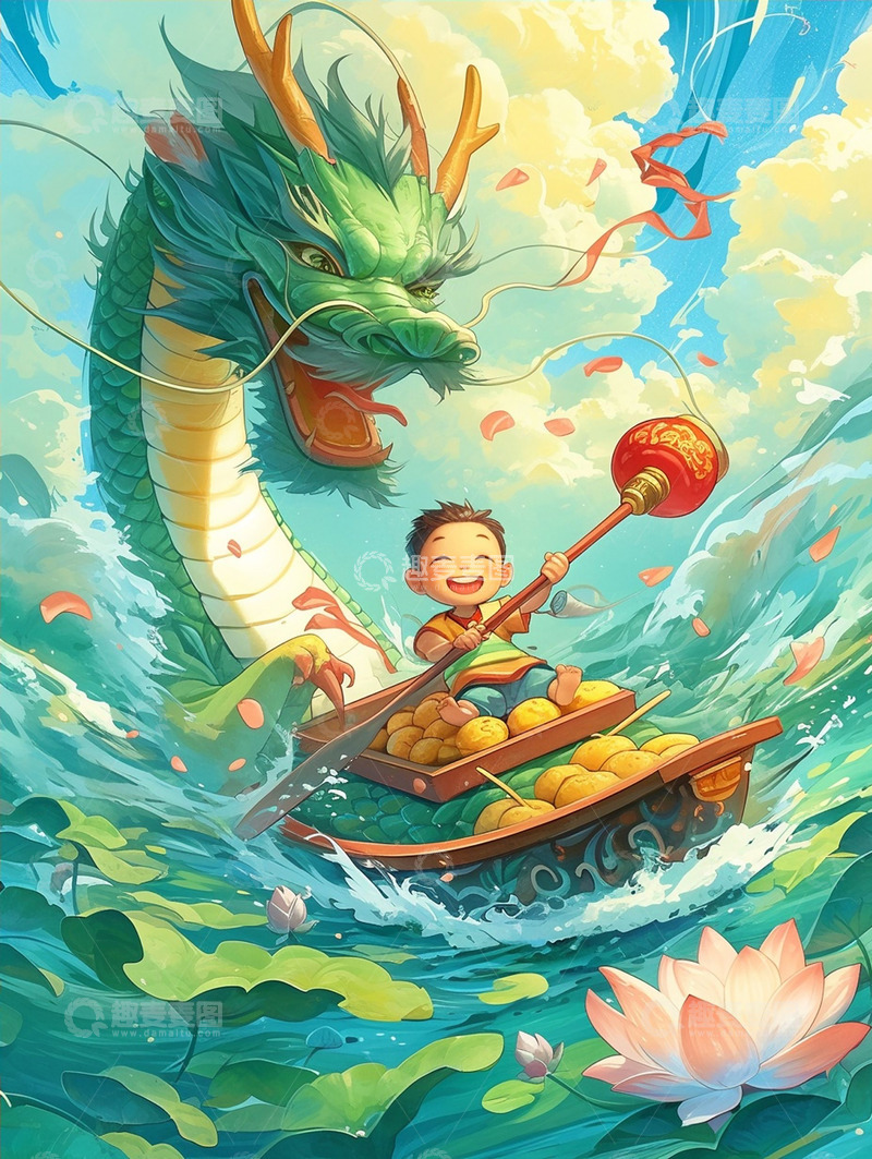 高清大图下载【趣麦麦图】卡通男孩赛龙舟插画